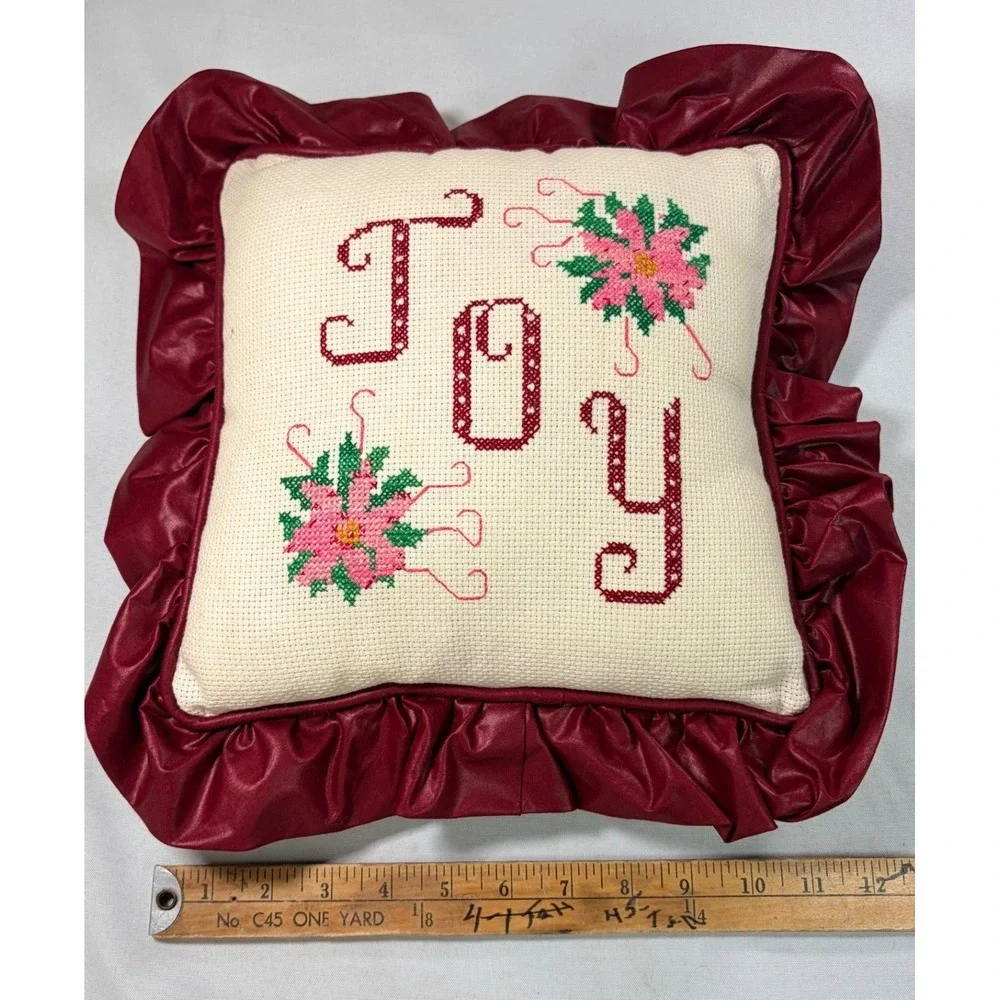 Vintage Handmade Cross Stitch Joy Christmas Pillow Burgundy Ruffle Poinsettia